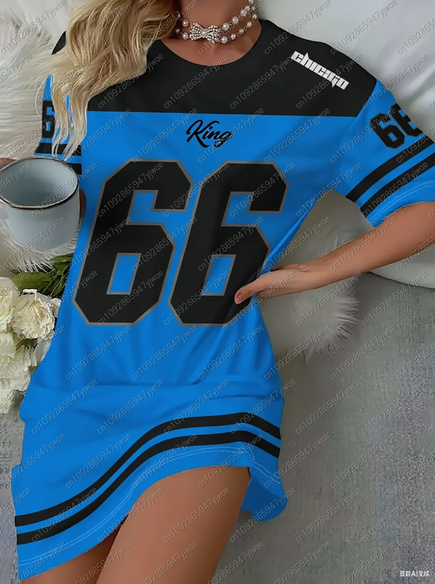 ชุดเดรสเสื้อยืดผู้หญิงฤดูร้อน 2025 ทรงหลวมสบายๆ KING NO.66 พิมพ์ลาย คอกลม แขนสั้น เสื้อคลุมผู้หญิง เสื้อผ้าผู้หญิง