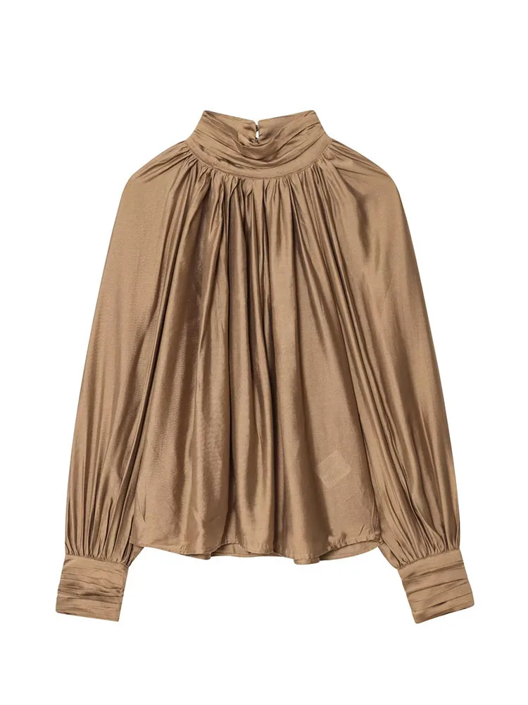 HH Women's Fashion Simple Versatile Standing Collar Draped Top Female Elegant High Street Casual Lantern Long Sleeve Shirt