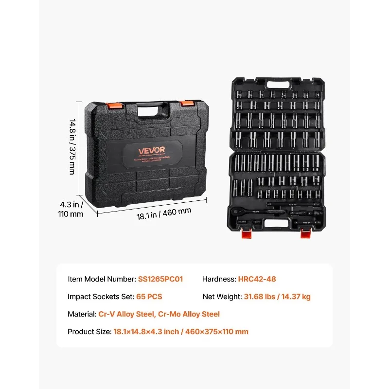 مجموعة مقابس تأثير المحرك 1/2 بوصة 65 قطعة SAE 3/8 بوصة إلى 1-1/4 بوصة ومتري 10-24 مم