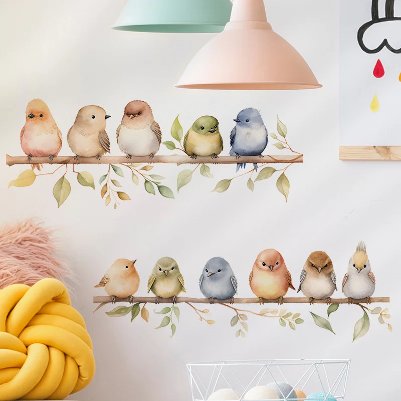Pegatinas de pared de acuarela con pequeños pájaros en una rama, dos filas de pollitos pastel y hojas, decoración para dormitorio infantil