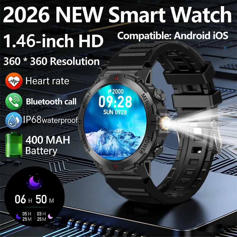 

Новые спортивные смарт-часы 2026 года, 1.46 дюйма, 360*360, с Bluetooth-звонками, водонепроницаемость IP68, мониторинг сердечного ритма и здоровья, встроенный фонарик