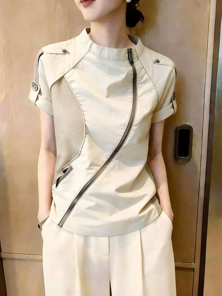 Summer 2026 New Peach Color Zipper Short Sleeve Mesh Hollow out Patchwork Casual Style Women's Top Polyester Fiber Waist Cinched