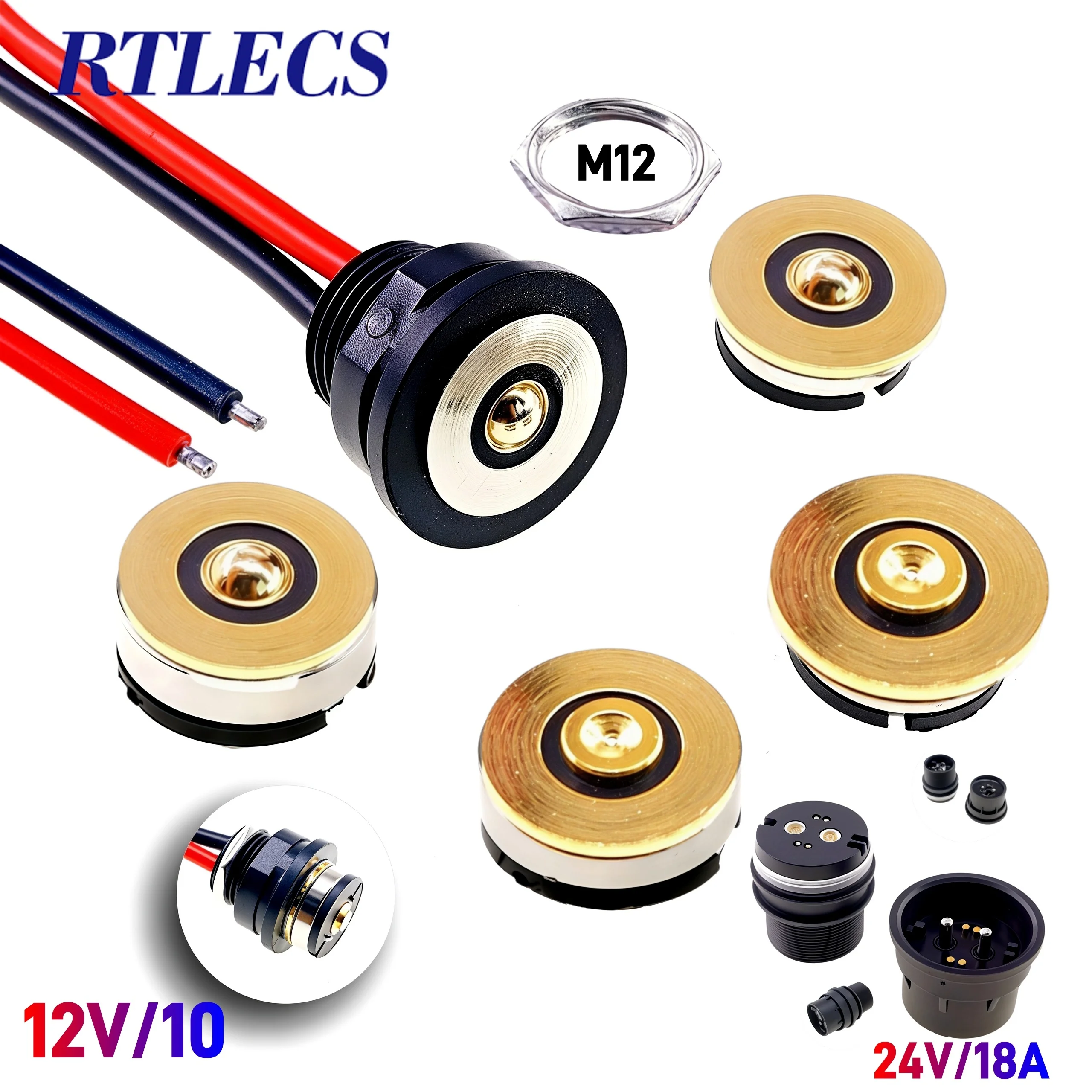 Magnetischer runder Pogo-Pin-Stecker, 10 A, männlich, weiblich, Metall, federbelastet, 1-poliges DC-Ladegerät, 16 AWG-Draht, M12-Gewinde, Gold