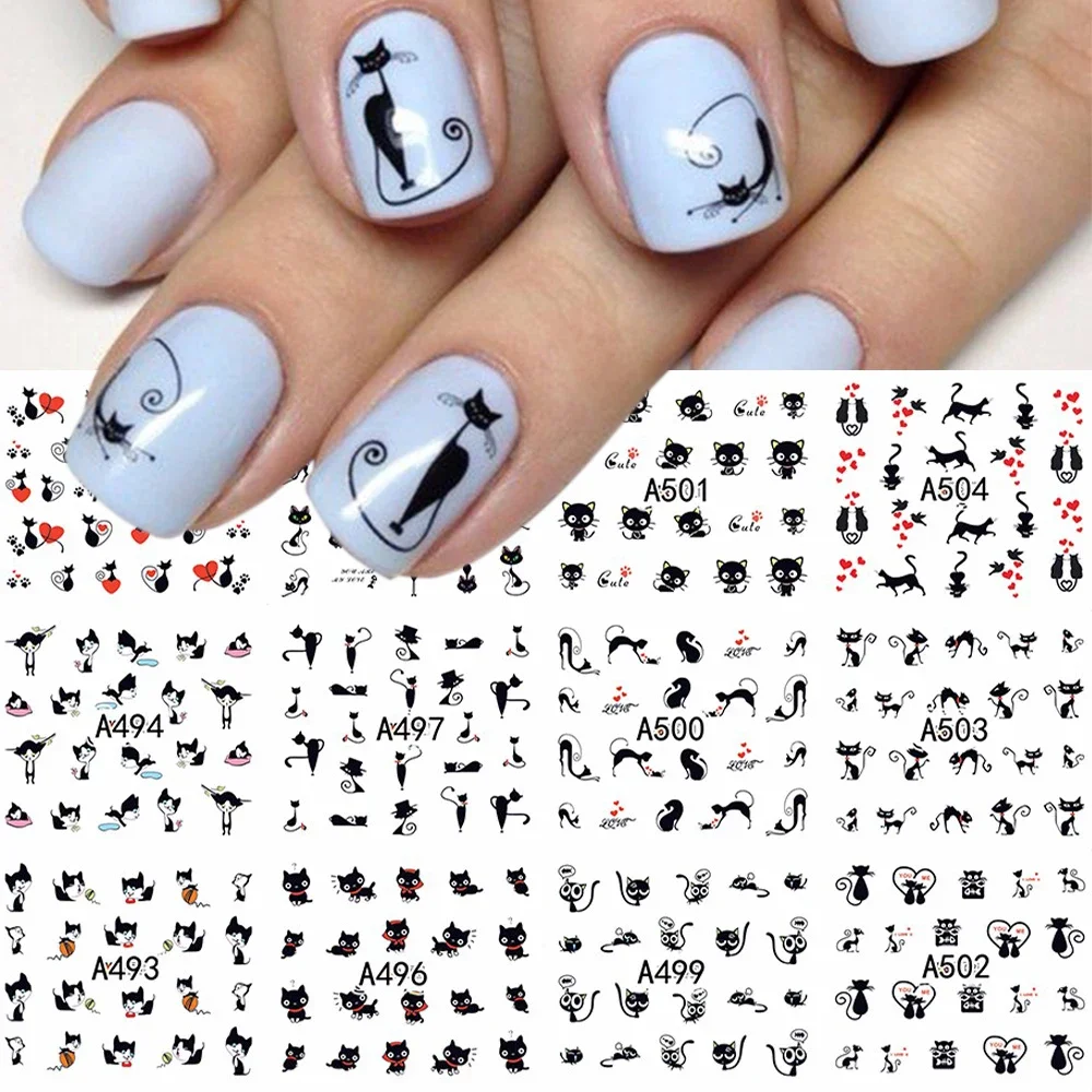 12pcs Black Cats Nail Sticker Love Heart Cat Cartoon Sliders Valentines Nail Art Design Cute Animal Decal Manicure FBA493-504