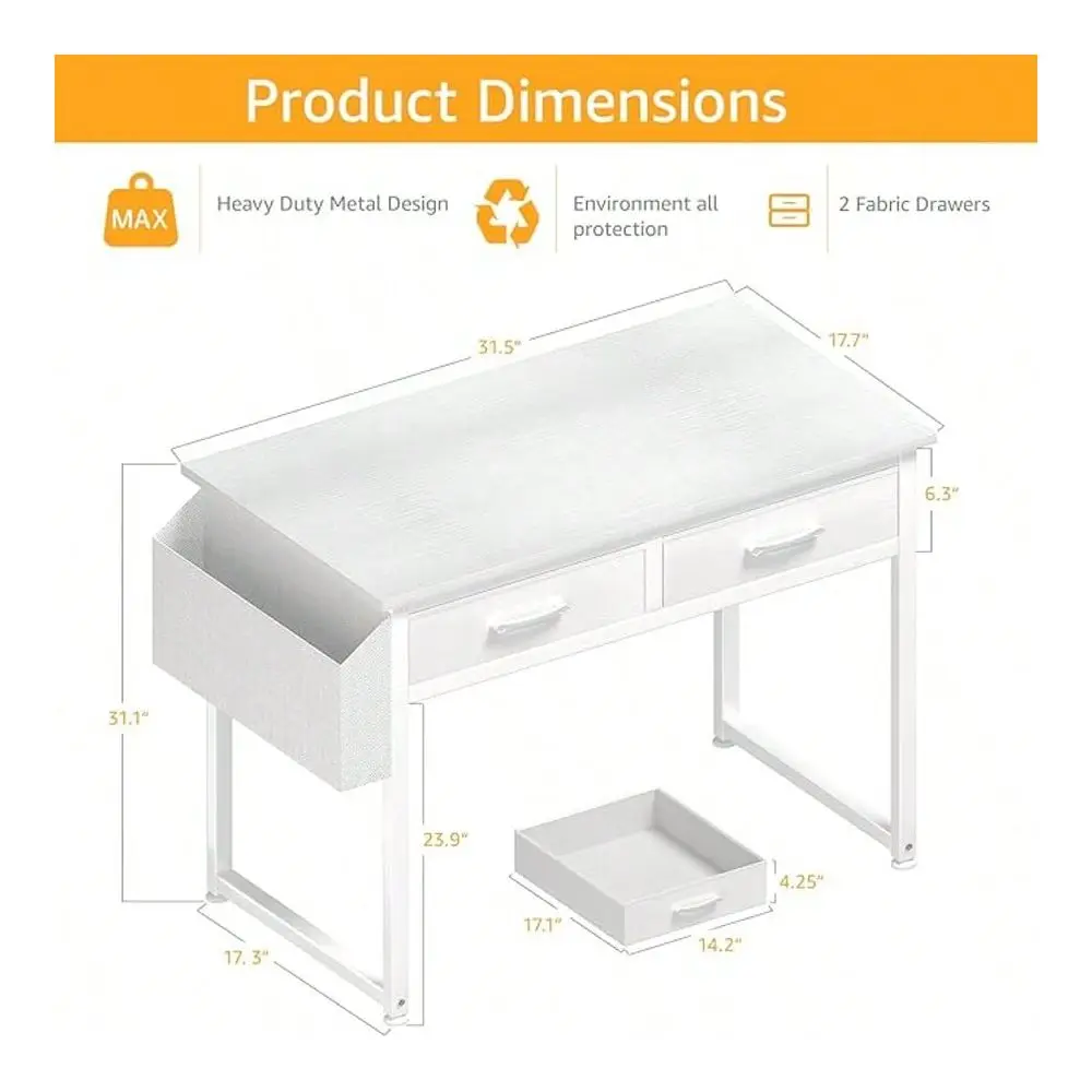 

Small White Desk With Fabric Drawers, 32 Long. It Doubles As A Dressing Table In The Bedroom, With Storage Drawers And Pockets,