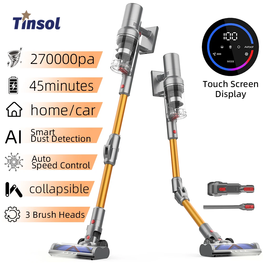 Tinsol VC101 27000PA Cordless Handheld Vacuum Cleaner Touch Screen Smart Dust Sensor Auto Speed Control for Home Bed Carpet Clea