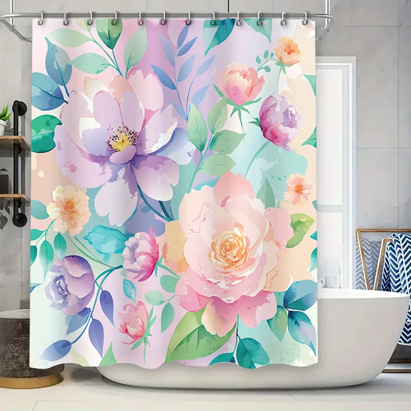 

Занавеска для душа с акварельным цветочным принтом, водонепроницаемый набор для декора ванной комнаты с крючками, разноцветный розовый |
