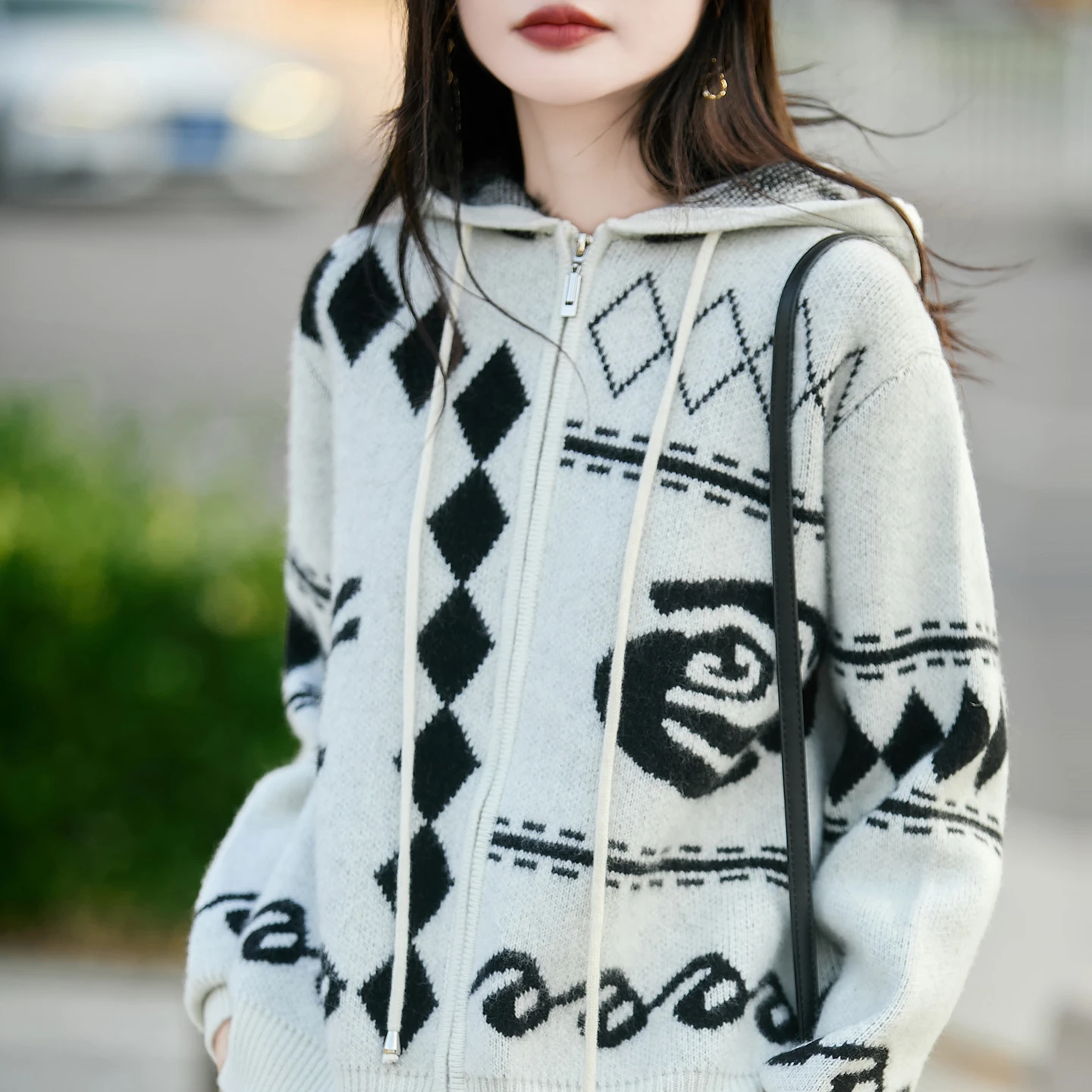 Fall/Winter Double Thick 100% Pure Wool Hooded Cardigan Women's Loose Drawstring Jacquard Wool Zipper Coat