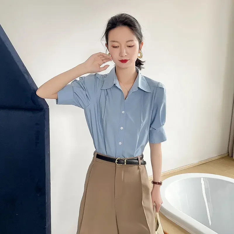 Women Summer Light Ripe Wind Simplicity Loose Solid Color Polo-Neck Short Sleeve Shirts Women Clothes Casual Appear Thin Tops