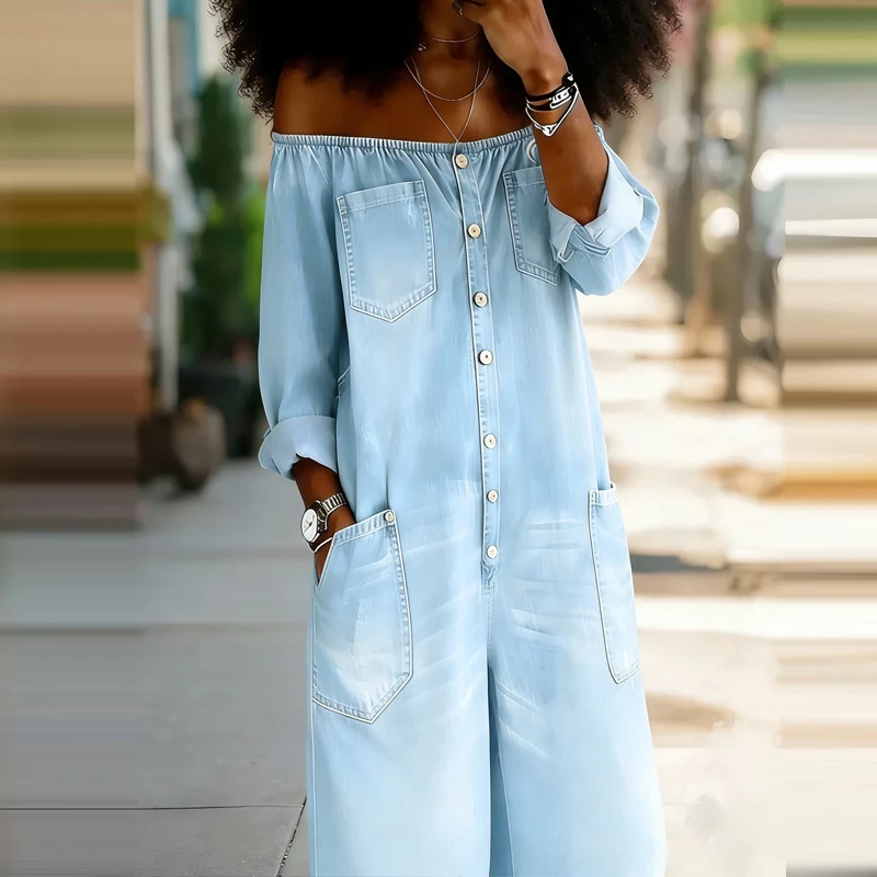 Women Fashion Street Long Sleeve Loose Playsuit Casual Pocket Single breasted Jumpsuit Elegant Off Shoulder Solid Denim Romper
