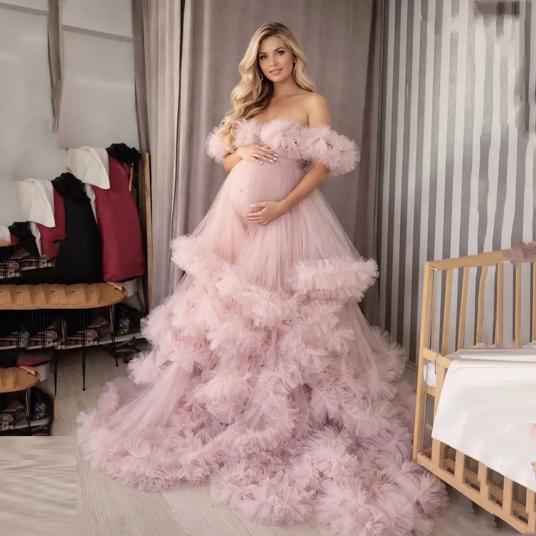 

Pink Pregnancy Dresses Sweetheart Off Shoulder A Line Ruffle Maternity Gowns Custom Made Photography Long Maternity Dress