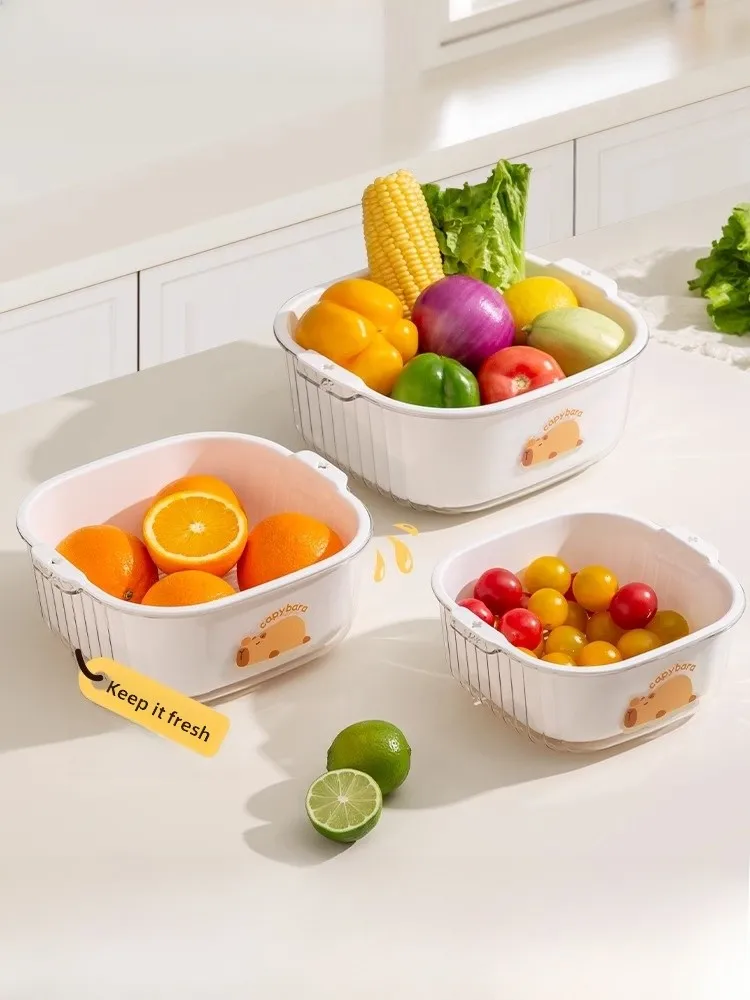 Double Gun New Double Layer Drain Basket Vegetable Washing Basin Kitchen Home Fruit Basket Multi Function Cleaning Tool Rice ...