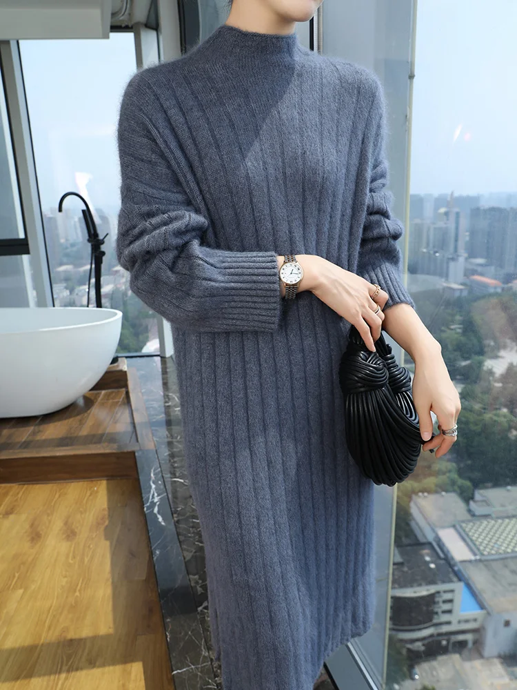 

TLOML Новое женское платье из 100% норки и кашемира, пуловер с воротником-стойкой, повседневное элегантное плотное осенне-зимнее мягкое теплое кашемировое трикотажное платье