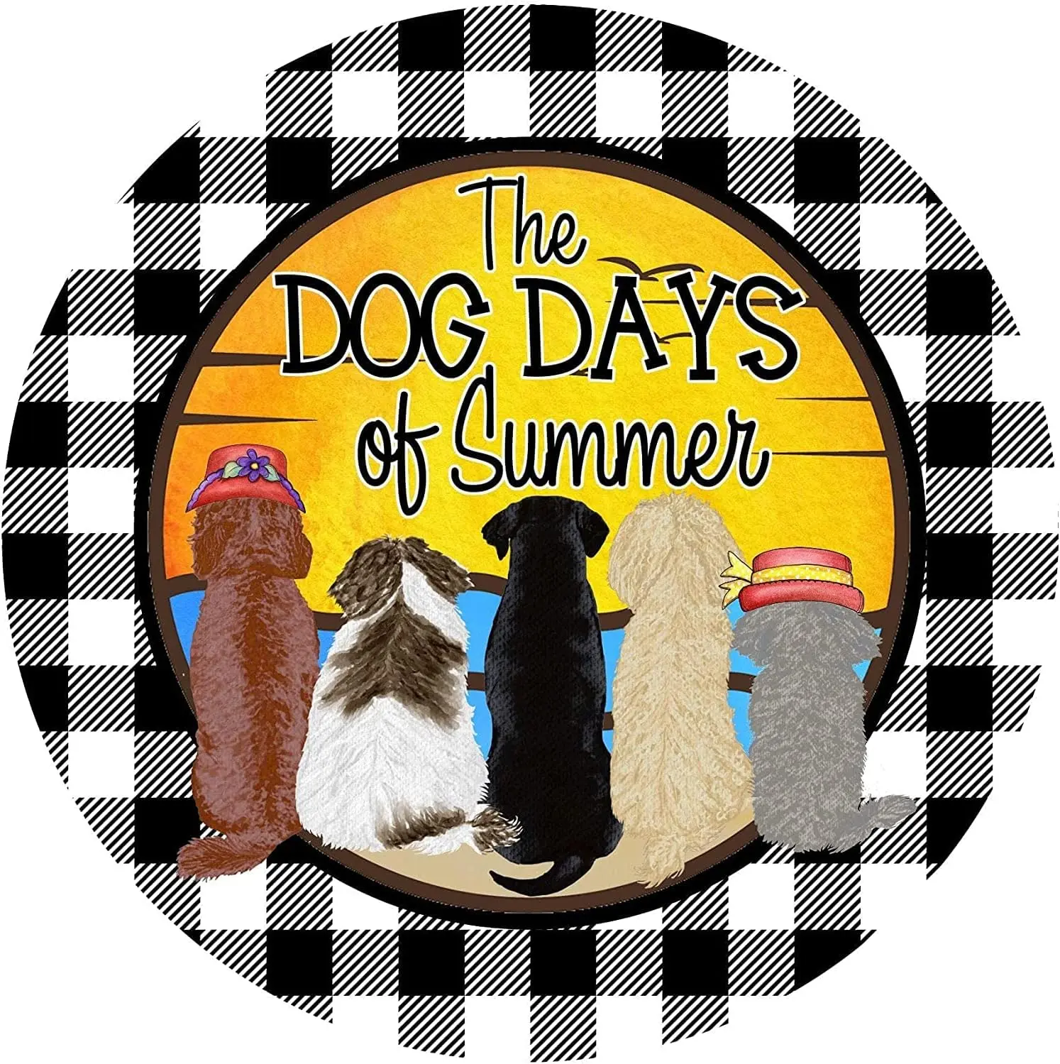 Round Metal Tin Sign Rustic Wall Decor Dog Days of Summer Wreath Poster Wreath Sign,Suitable for Home Garden Kitchen Bar Cafe Ga