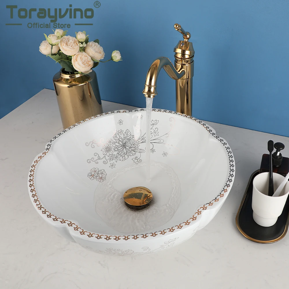 

Керамическая раковина Torayvino для ванной комнаты над столешницей, искусственный сосуд, тщательная чаша с смесителем для воды и выдвижным сливным набором