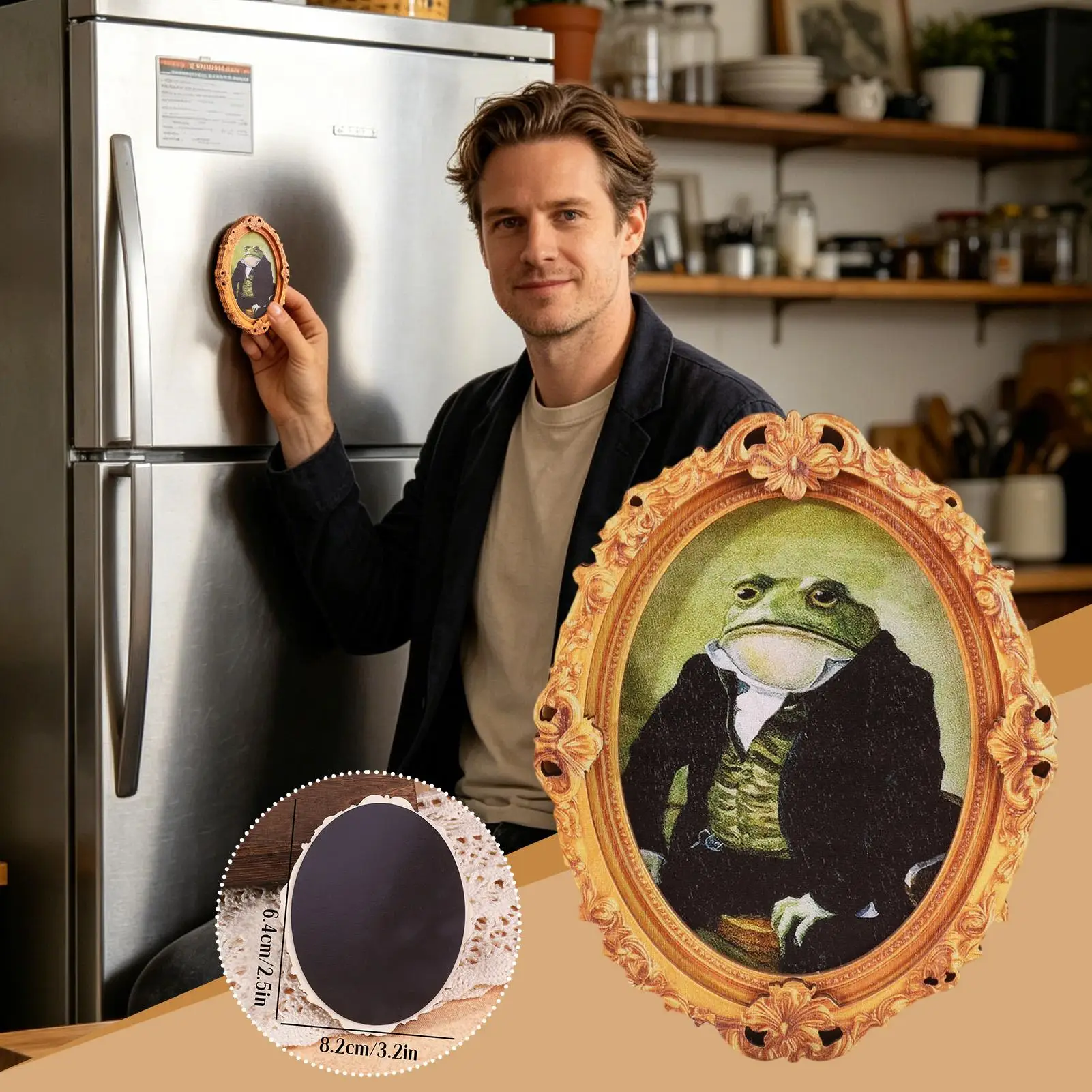 Funny Frog Magnet Retro Wood Oval Frame Fridge Decoration Refrigerator Sticker Cabinet Locker Magnetic Decals Creative Gift