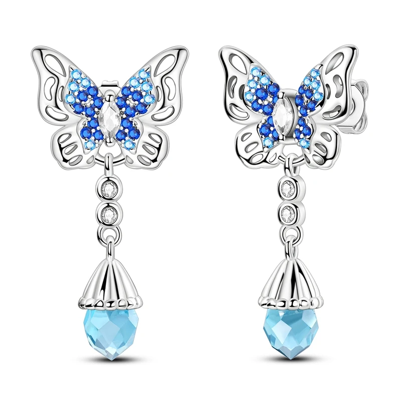 

925 Sterling Silver Earrings Women Sparkling Blue Butterfly Stud Earrings For Anniversary Wedding Jewelry Gifts