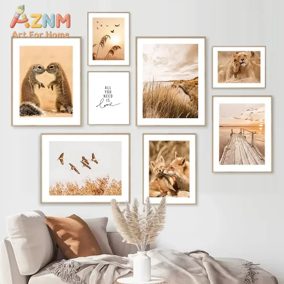 1PC Nature Autumn Scenery Lion Animal Grass Landscape Posters Wall Art Aesthetics Print Canvas Painting for Living Room Decor