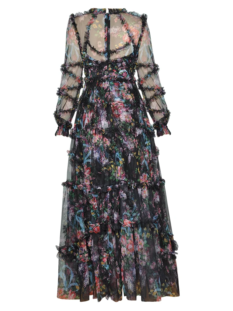 TWOTWINSTYLE Hit Color Print Dresses For Women Round Neck Lantern Sleeve High Waist Folds Elegant Dress Female Fashion Clothing