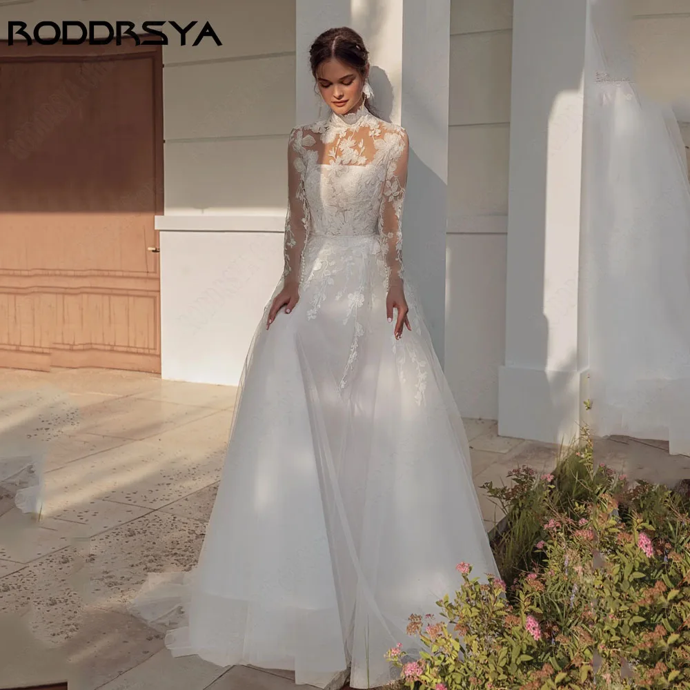 Roddrsya ชุดแต่งงานที่สวยงามแขนยาวคอสูงถอดออกได้รถไฟสาย A-Line Tulle ชุดเจ้าสาว Vestido de Noiva