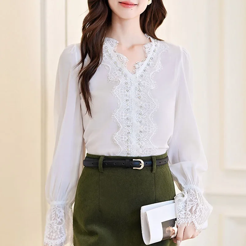 

Women Blouse Shirt New Long Sleeve V-Neck Embroidered Flares White Blouse Shirt Women Tops Blouses Shirts Blusas Camisas Q730