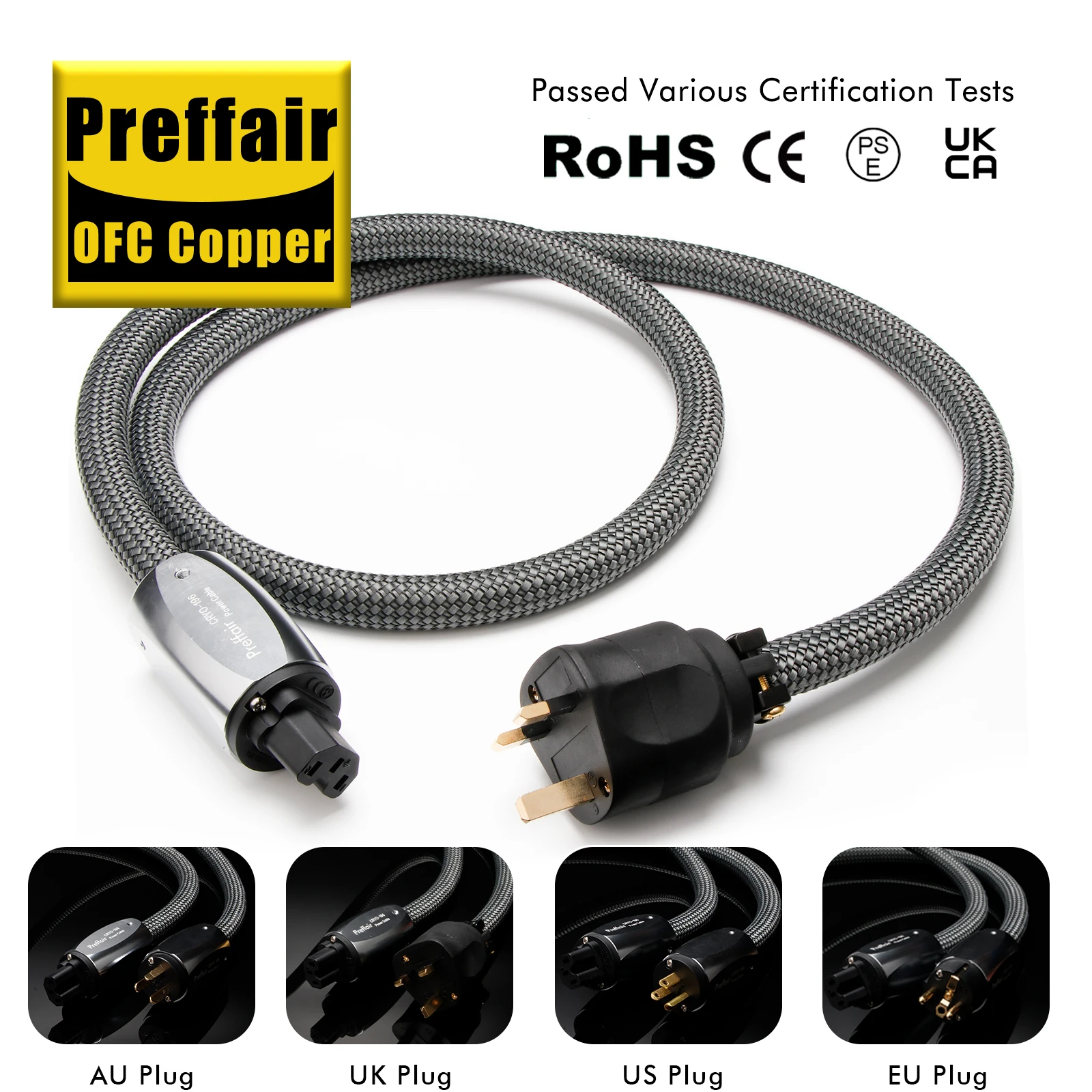 Preffair Cryo196 12AWG Audio Power Cord Gold Plated EU/US/AU/UK Plug HiFi Audio Amplifier AC Supply Cable