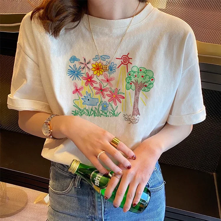 White Casual Ort Sve T-irt Women's Top Korean Sle Chic Round Ne Print Summer Irt Graphic T Shirts Summer Streetwear Harajuku Y2K