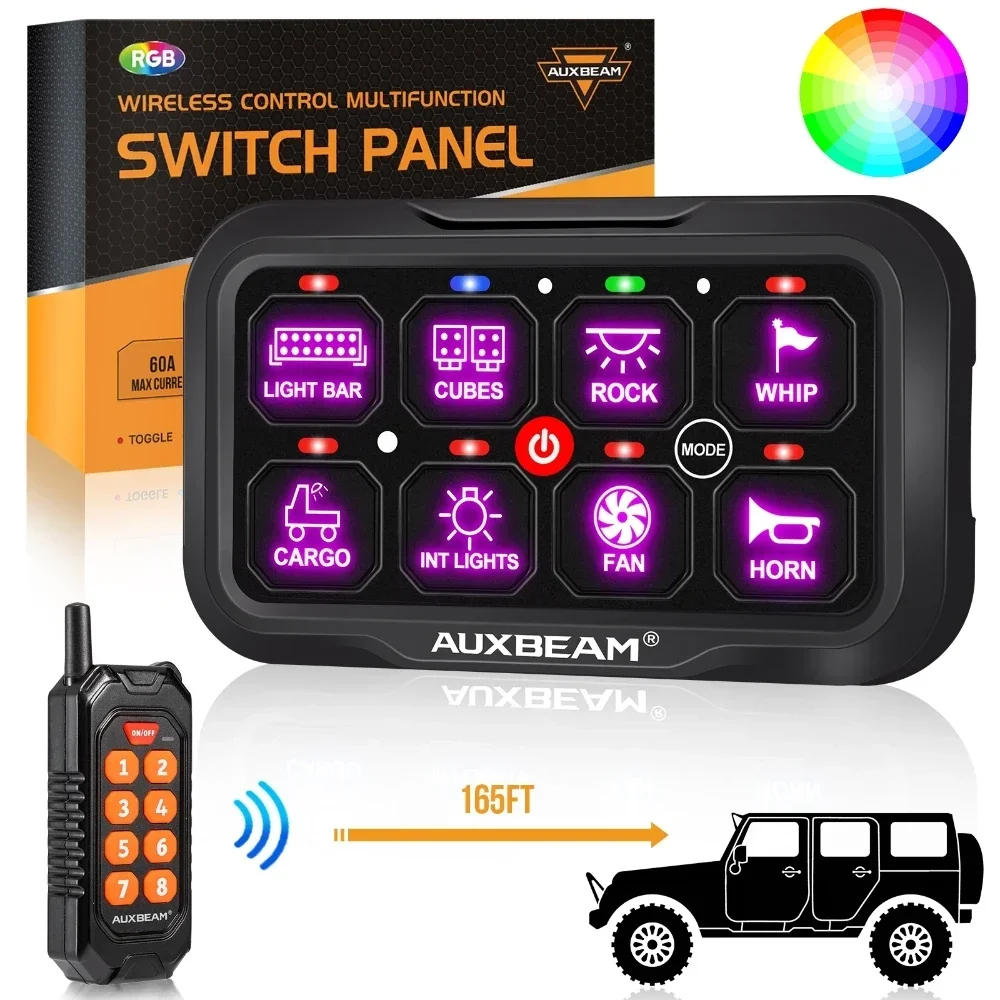 AUXBEAM RC-800 8 Gangs LED Switch Panel RGB Lights Electronic On-Off Control Relays System with Remote Control for Cars Boats