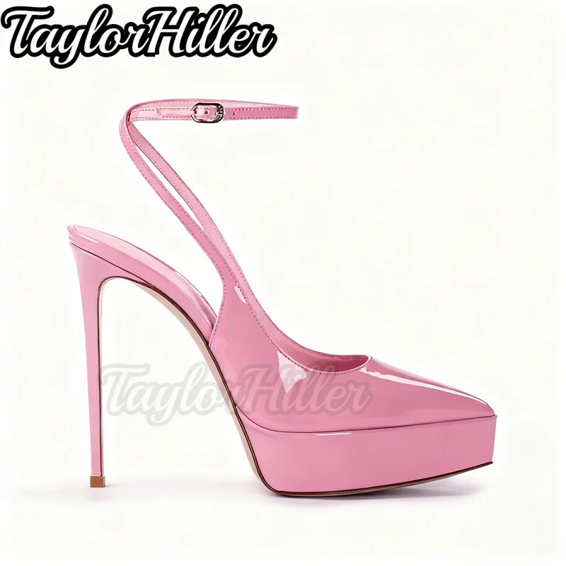 الكرز الأحمر منصة الصنادل بكعب براءات الاختراع والجلود الضحلة مشبك حزام عالية الكعب النساء الفاخرة الصيف الكلاسيكية خنجر الأحذية