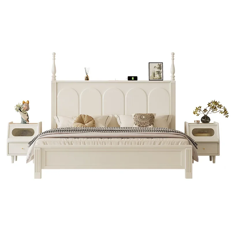 

Modern simple white cream style, master bedroom bed, household solid wood bed