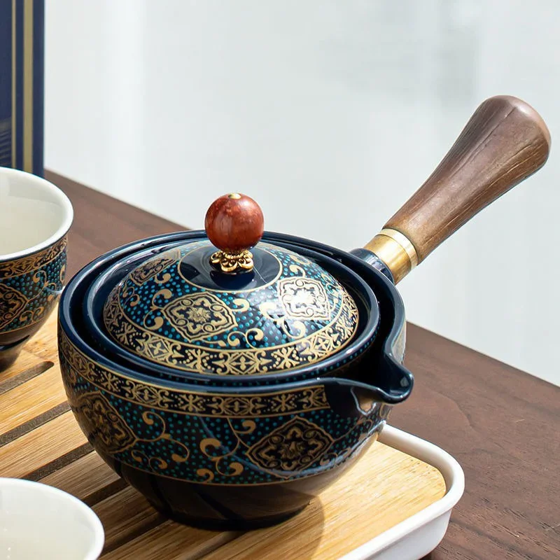 Chinese Gongfu Porcelain Tea Set with 360° Rotation Tea Maker and Infuser Portable travel Tea Cup Teapot Set All in One Gift Bag
