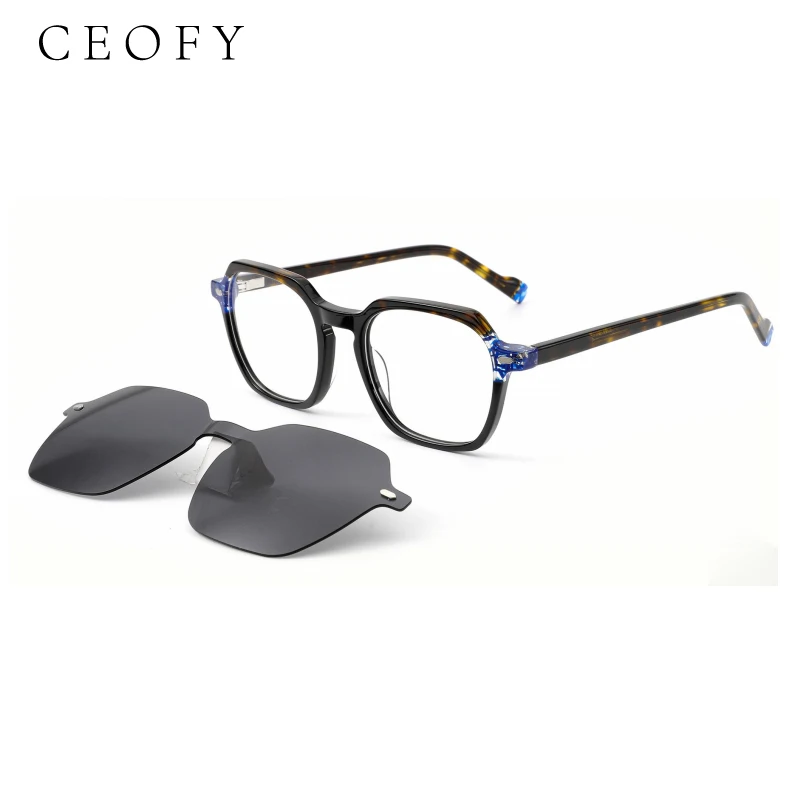 Ceofy Acetate Handmade Men Square Glasses Frame Retro Fashion Polarized Sun Clip Magnet Optical Prescription Eyeglasses Frame