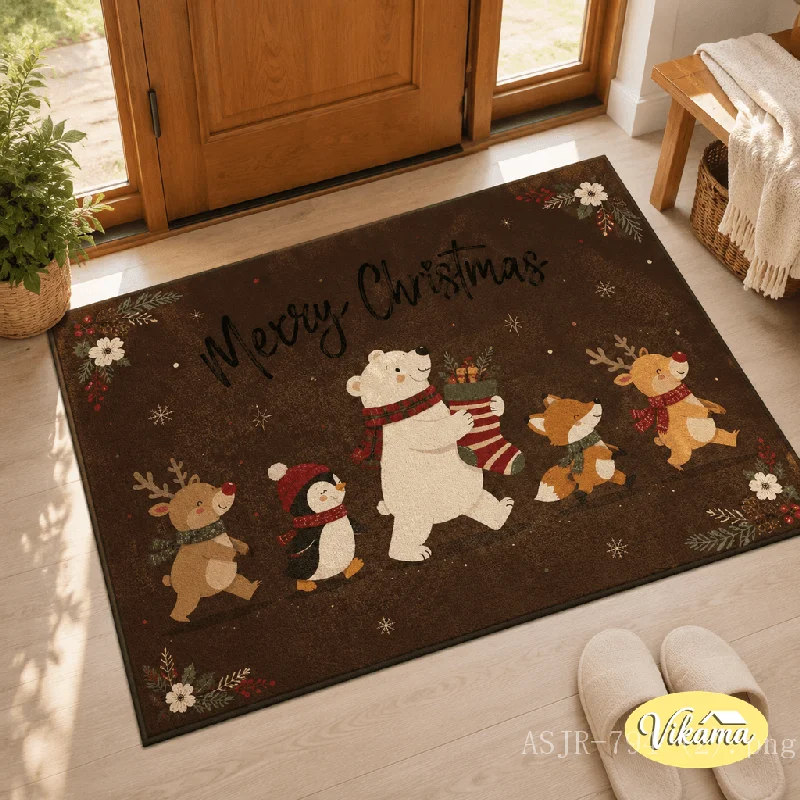 Cute Christmas Penguin Rug, Stain-Resistant Non-Slip Entryway Mat, Festive Front Door Decorative Doormat, Winter Home Decor