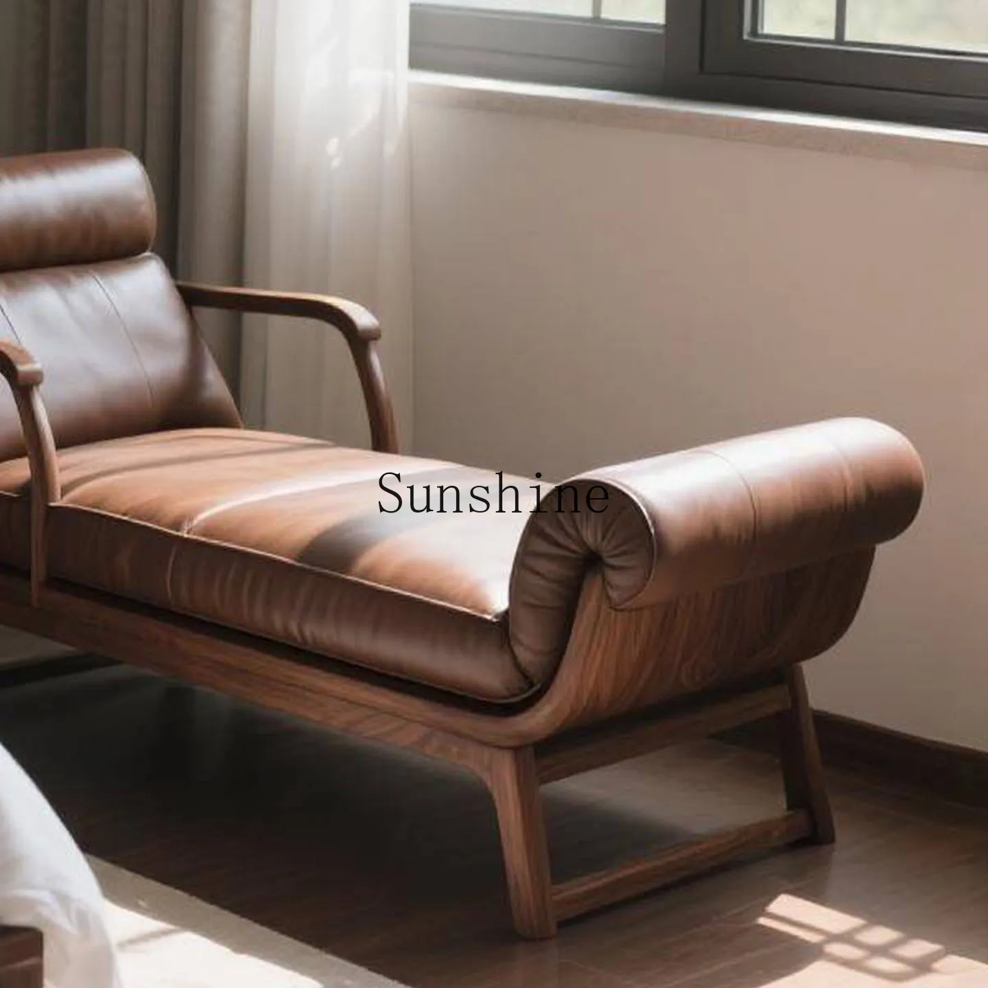 Simple light luxury household bedroom leather chaise longue solid wood recliner