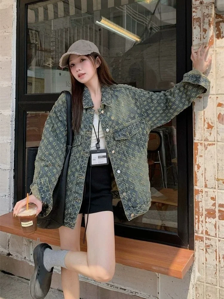 ​Women Premium Jacquard Denim Jacket 2025 Spring Autumn American Sweet Cool Spicy Vintage Relaxed Vibe Unique Street Cardigan​