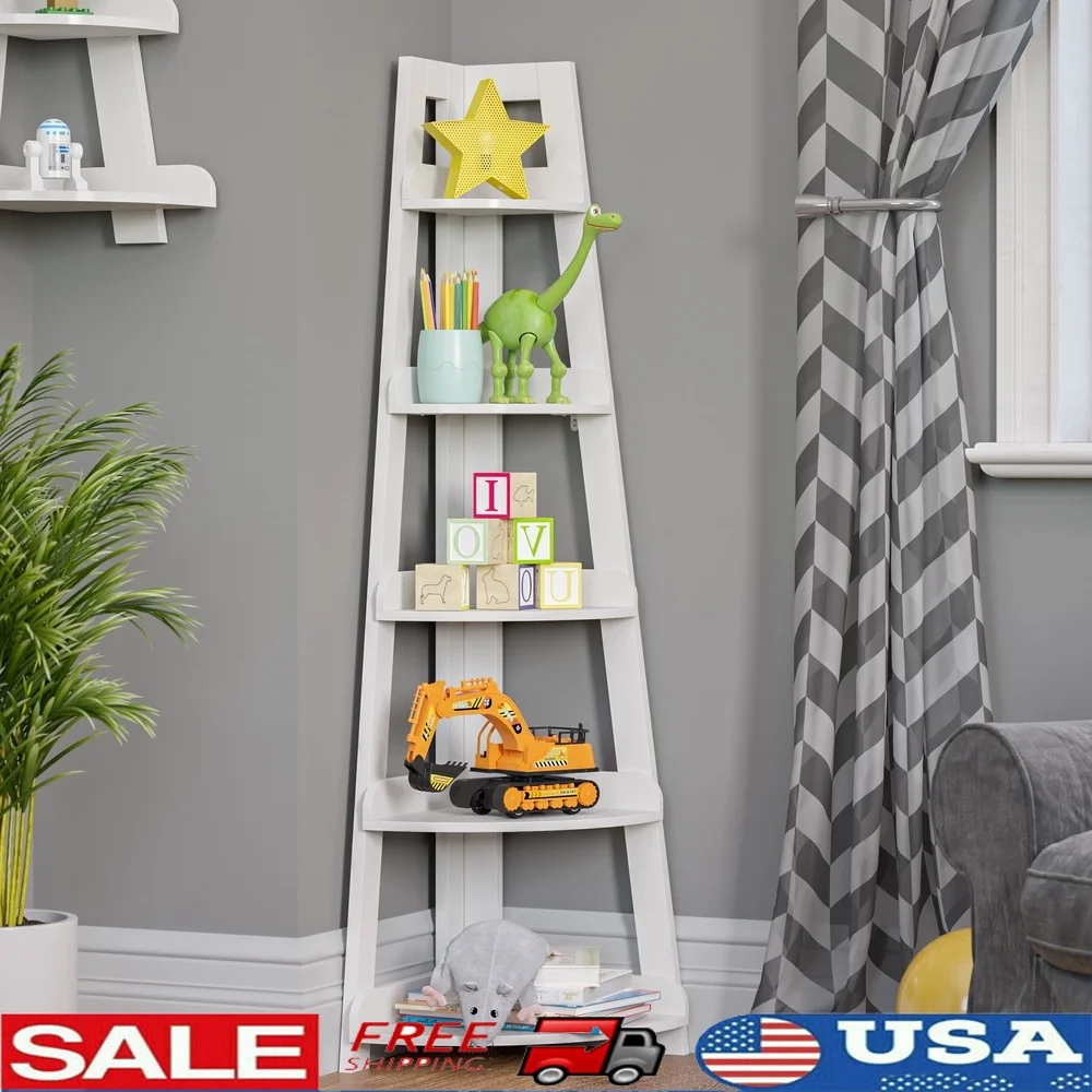 

Kids 5-Tier Corner Ladder Bookshelf Organizer Playroom Storage Durable MDF Space-Saving Display Unit with Wall Anchors