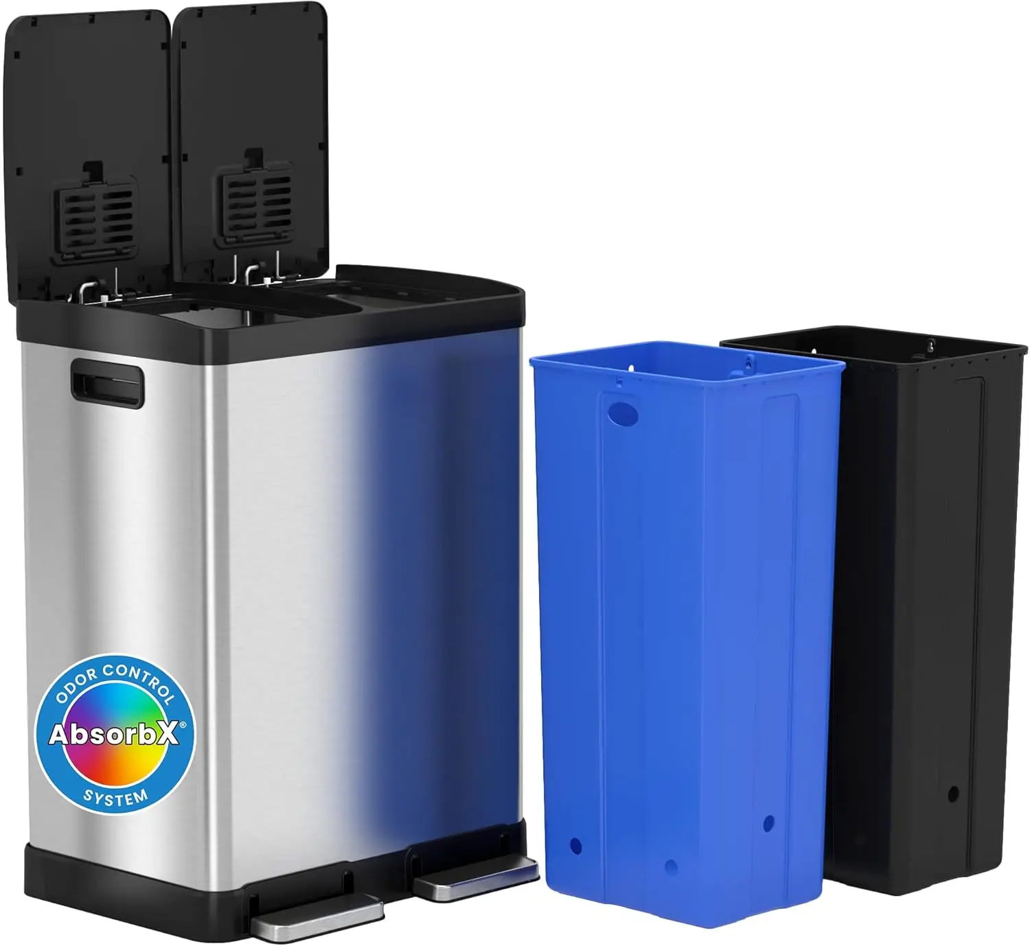 

60L Dual Compartment Kitchen Trash Can with Odor Filter, Soft-Close Lids, and Step Pedals for Easy Sorting