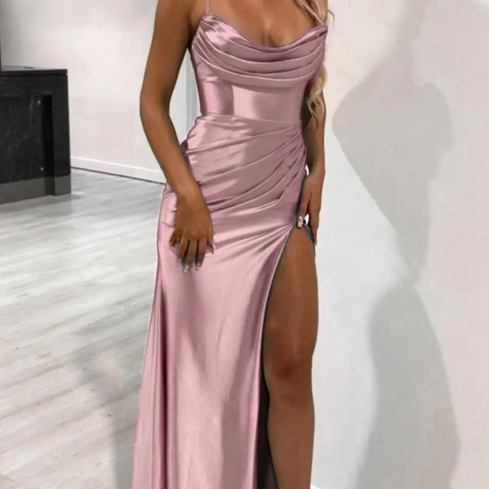 Satin Evening Dress Elegant Spaghetti Strap Maxi Dress with Side Slit Pleated Back for Wedding Banquet Cocktail Party Women's