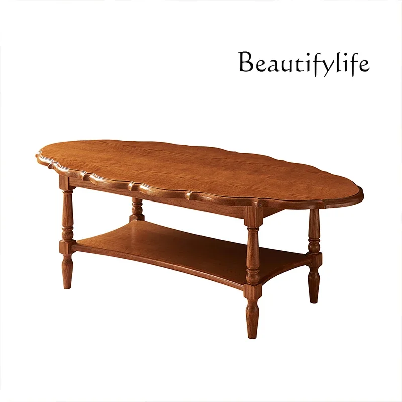 

French retro solid wood double-layer coffee table living room new design high-end art petal low table