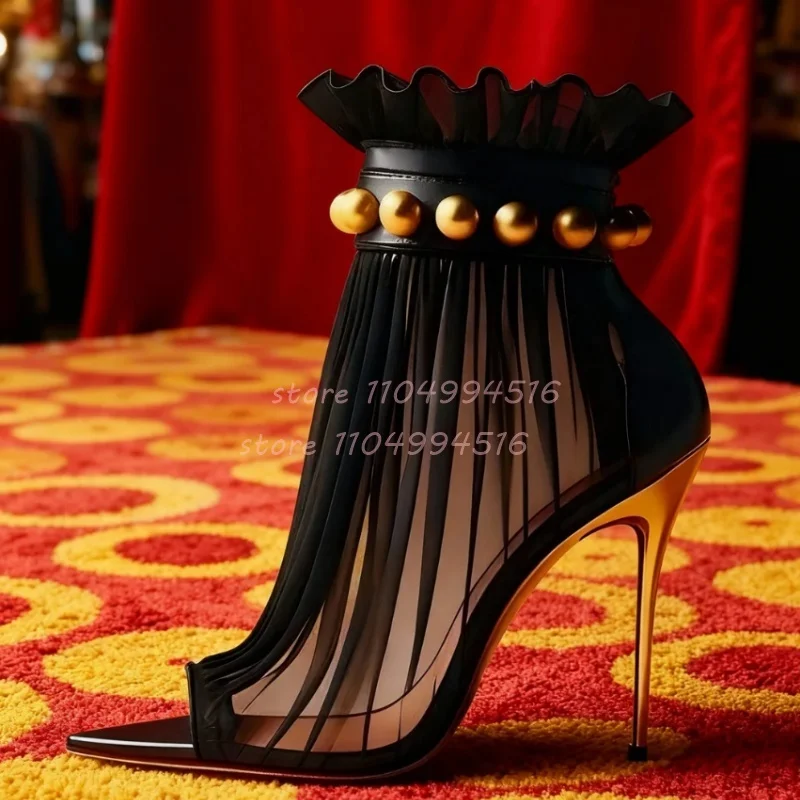 

Black Mesh Rivet Decor Pointed Stiletto Sandals Women Open Toe Back Zipper Ankle Boots Sexy Fashion Party Prom Ladies Shoes New