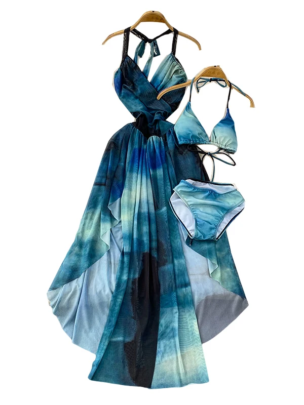 Vaion Sle Tie Dye V Ne Hanging Ne Dr femmes été taille Cinch asymétrique Long Dr avec maillot de bain t-shirt ensemble de pièces