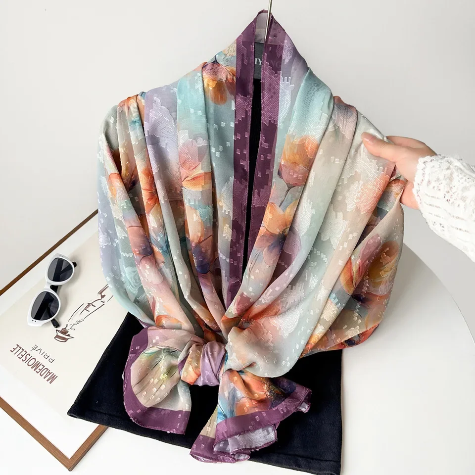 2025 ربيع جديد وشاح طويل للنساء السفر وشاح طويل الساتان الجوف طباعة شال واقية من الشمس وشاح وشاح شال بالجملة #2