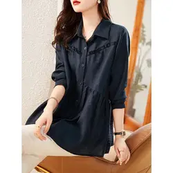 Korean Fashion Ruffle Solid Loose Long Sleeve Tunic Tops Female Simple Casual Street Button Up Shirts Blouses for Women Clothing