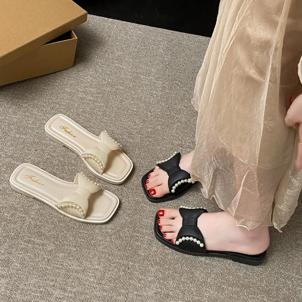 

Casual Soft Sole Bowknot Flat Slippers Anti Slip Sweet Pearl Slides Sandals Shoes Beach Low-heel Slippers Women Women