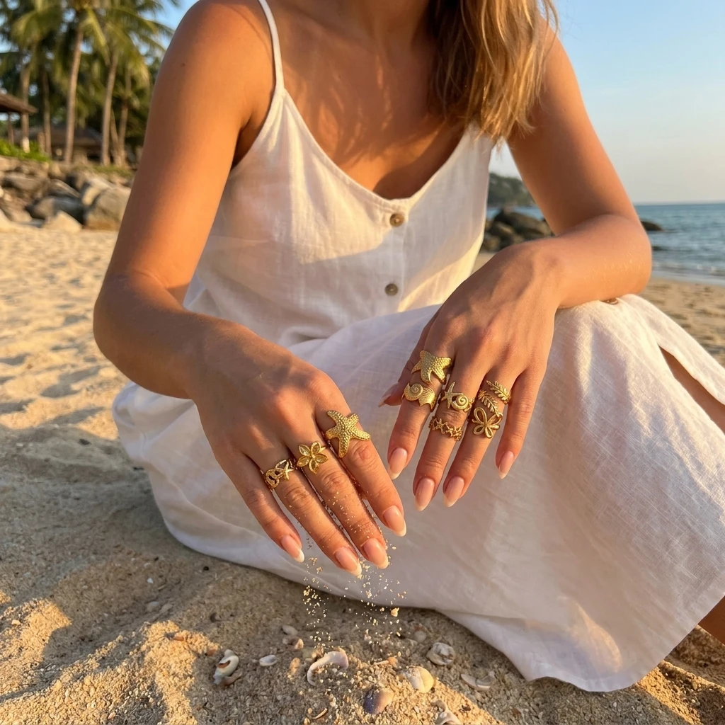 

9Pcs Ocean Nature Shell Flower Stainless Steel Gold Tone Ring for Women Stackable Boho Statement Everyday Elegant Jewelry