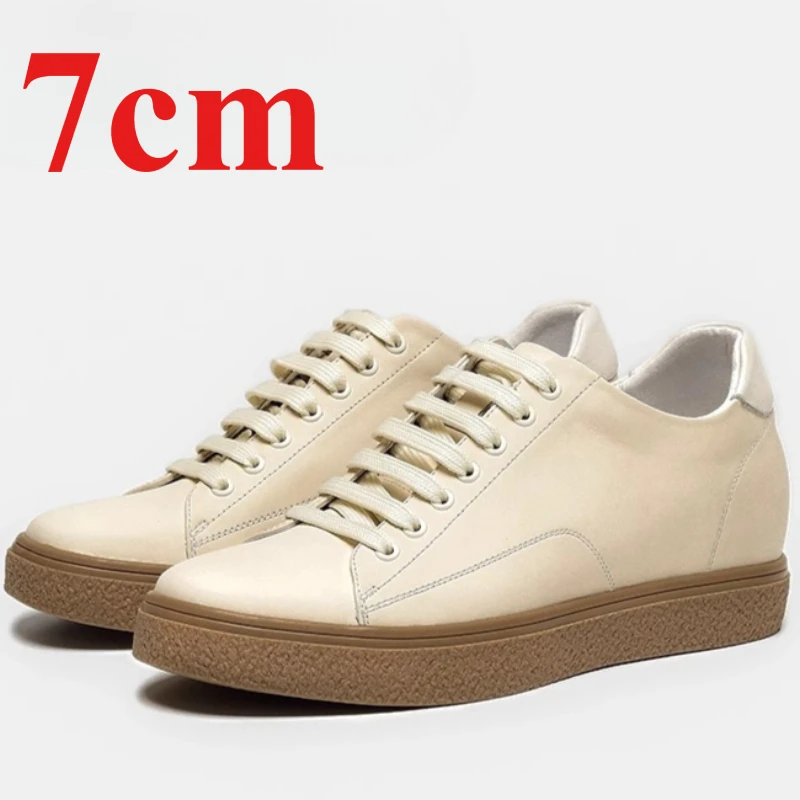 Male 7cm Elevated Shoes for Men's Genuine Leather Breathable Thick Platform Height-increasing Shoe Comfortable Casual Board Shoe