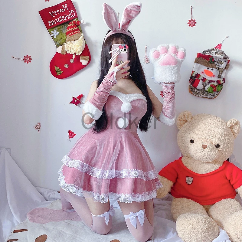 

Anime Cosplay Costume Women Pink Maid Outfit Sweet Sexy Solid Lace Trim Velvet Dress Christmas Uniform Temptation Bunny Girl Set