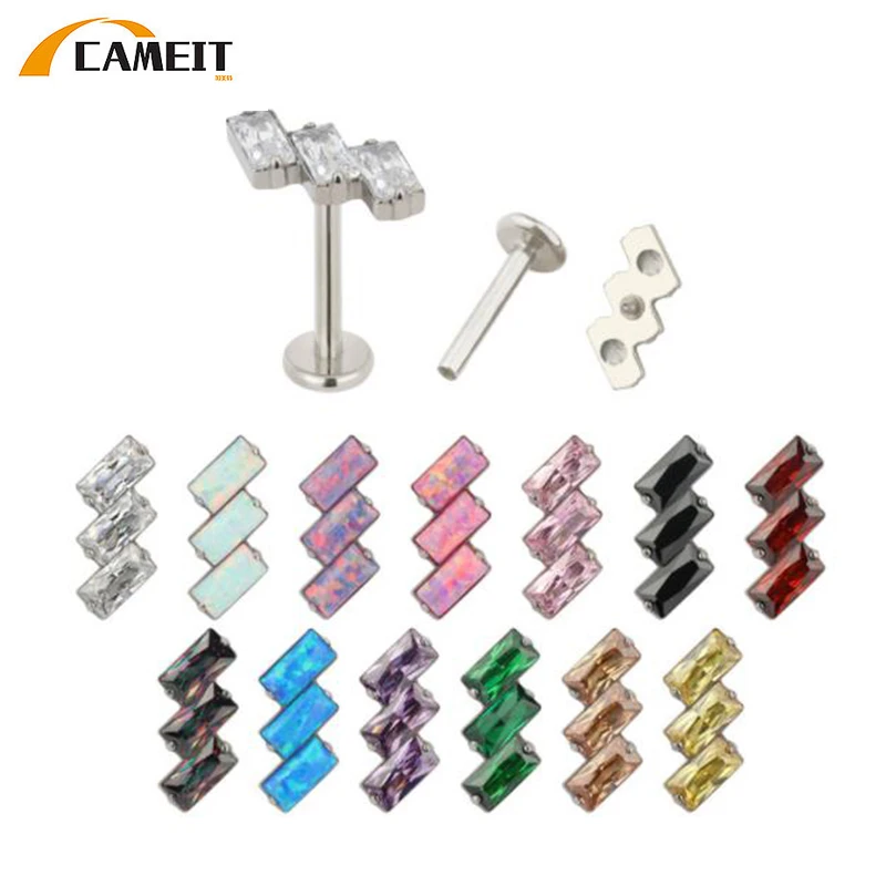 G23 Titanium Ear Studs PIERC EAR  Internally Thread 3 Bezel Set Rectangles CZ Top EARRING Labret Lip Tragus Helix Body Piercing