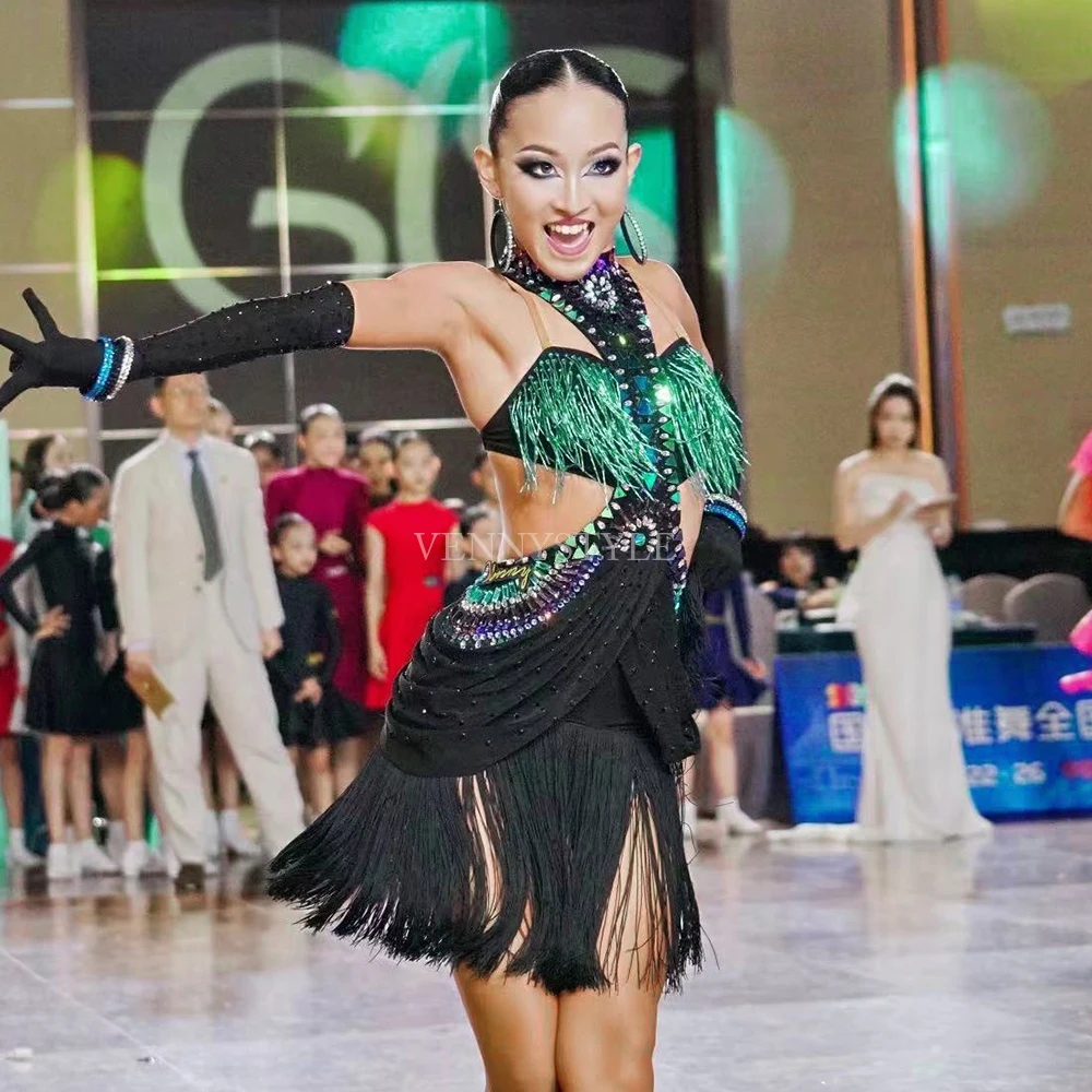 

Vennystyle платье для латинских танцев с бахромой из бисера и стразами, дизайн на заказ, цельный костюм для бальных танцев, конкурсный костюм