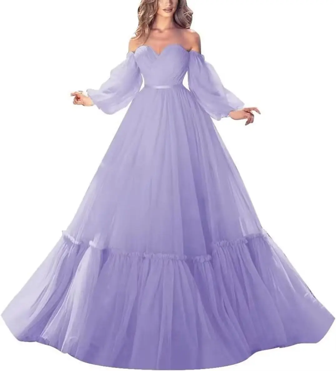 

Women’s A Line Off Shoulder Prom Dress Sweetheart Neck Tulle Long Formal Evening Party Gown with Train Birthday Party Dresses